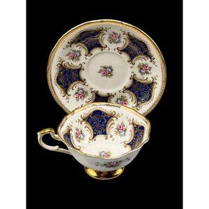 Paragon By Appointment Majesty The Queen Tea Cup Saucer Set Gold & Blue Rare